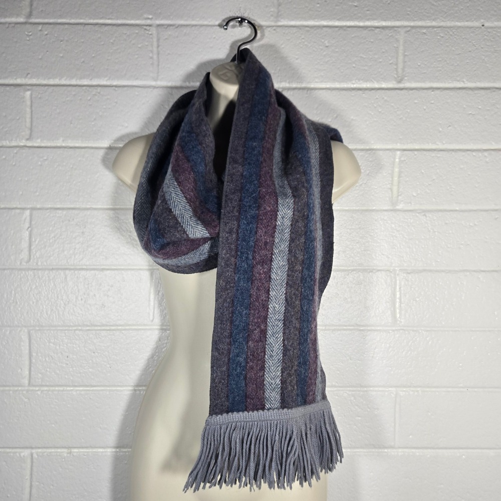 Vtg Striped Wool Blend‎ Scarf Unisex OS Herringbone Fringe Winter Warm Cabin